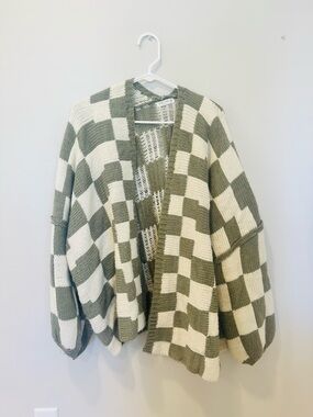 Oversized Olive and Cream Checkered Open-Front Cardigan